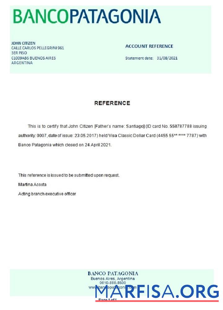 Blank Argentina Bancopatagonia closure reference sample